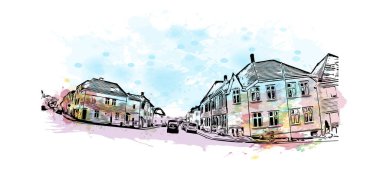 Norveç 'in başkenti Bergen' in simgesi olan Print Building View 'dir. Vektörde elle çizilmiş resim ile suluboya sıçraması.