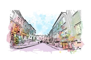 Norveç 'in başkenti Bergen' in simgesi olan Print Building View 'dir. Vektörde elle çizilmiş resim ile suluboya sıçraması.