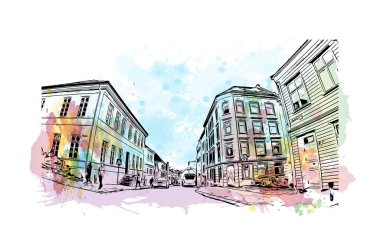 Norveç 'in başkenti Bergen' in simgesi olan Print Building View 'dir. Vektörde elle çizilmiş resim ile suluboya sıçraması.