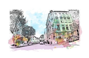 Norveç 'in başkenti Bergen' in simgesi olan Print Building View 'dir. Vektörde elle çizilmiş resim ile suluboya sıçraması.
