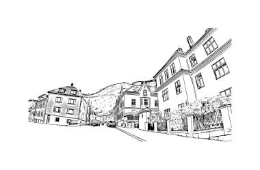 Norveç 'in başkenti Bergen' in simgesi olan Print Building View 'dir. Vektörde elle çizilmiş çizim çizimi.