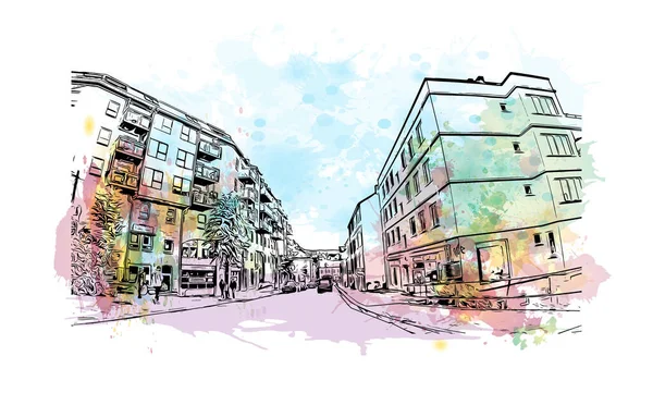 Norveç 'in başkenti Bergen' in simgesi olan Print Building View 'dir. Vektörde elle çizilmiş resim ile suluboya sıçraması.