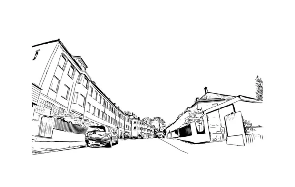 Afdrukken Gebouw Met Oriëntatiepunt Bergen Stad Noorwegen Handgetekende Schets Illustratie — Stockvector
