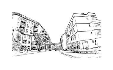 Norveç 'in başkenti Bergen' in simgesi olan Print Building View 'dir. Vektörde elle çizilmiş çizim çizimi.