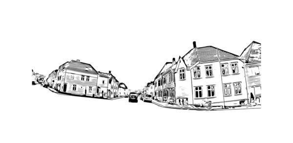 Vytisknout Pohled Budovu Orientačním Bodem Bergenu Město Norsku Ručně Kreslená — Stockový vektor