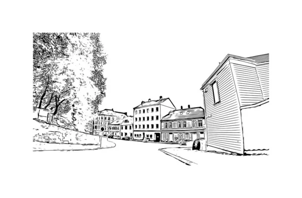 Imprimer Vue Sur Bâtiment Avec Monument Bergen Est Ville Norvège — Image vectorielle