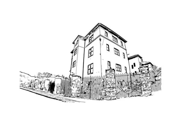 Vytisknout Pohled Budovu Orientačním Bodem Bergenu Město Norsku Ručně Kreslená — Stockový vektor