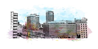 Print Building view with landmark of Berlin Almanya 'nın başkentidir. Vektörde elle çizilmiş resim ile suluboya sıçraması.