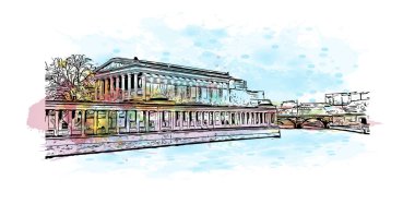 Print Building view with landmark of Berlin Almanya 'nın başkentidir. Vektörde elle çizilmiş resim ile suluboya sıçraması.