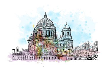 Print Building view with landmark of Berlin Almanya 'nın başkentidir. Vektörde elle çizilmiş resim ile suluboya sıçraması.