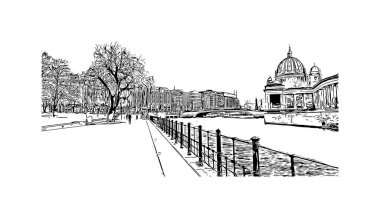 Print Building view with landmark of Berlin Almanya 'nın başkentidir. Vektörde elle çizilmiş çizim çizimi.