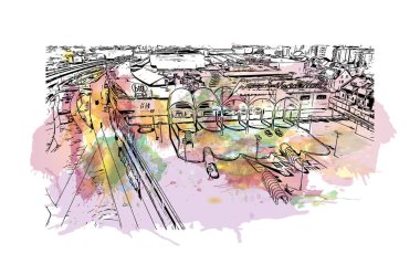 Print Building view with landmark of Bialystok is the city in Poland. Vektörde elle çizilmiş resim ile suluboya sıçraması.