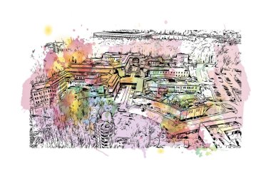 Print Building view with landmark of Bialystok is the city in Poland. Vektörde elle çizilmiş resim ile suluboya sıçraması.