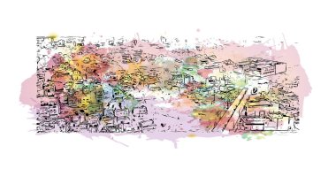 Print Building view with landmark of Bilaspur is the city in India. Vektörde elle çizilmiş resim ile suluboya sıçraması.