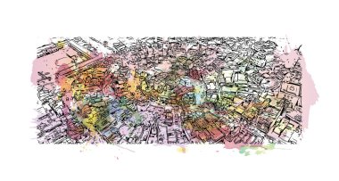 Print Building view with landmark of Bilaspur is the city in India. Vektörde elle çizilmiş resim ile suluboya sıçraması.