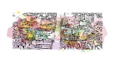 Print Building view with landmark of Bilaspur is the city in India. Vektörde elle çizilmiş resim ile suluboya sıçraması.