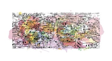 Print Building view with landmark of Bilaspur is the city in India. Vektörde elle çizilmiş resim ile suluboya sıçraması.