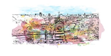 Print Building view with landmark of Bhagalpur is the city in India. Vektörde elle çizilmiş resim ile suluboya sıçraması.