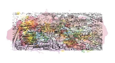 Print Building view with landmark of Bhagalpur is the city in India. Vektörde elle çizilmiş resim ile suluboya sıçraması.