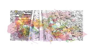 Print Building view with landmark of Bhagalpur is the city in India. Vektörde elle çizilmiş resim ile suluboya sıçraması.