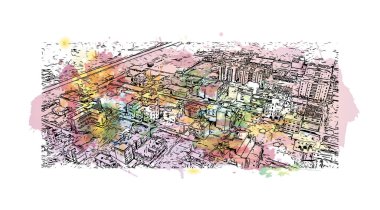 Print Building view with landmark of Bhagalpur is the city in India. Vektörde elle çizilmiş resim ile suluboya sıçraması.