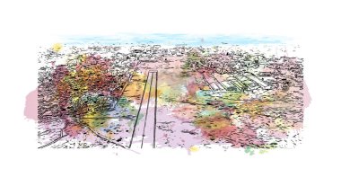 Print Building view with landmark of Bhagalpur is the city in India. Vektörde elle çizilmiş resim ile suluboya sıçraması.