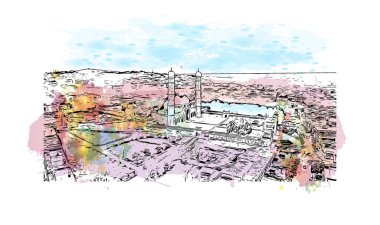 Print Building view with landmark of Bhopal is the city in India. Vektörde elle çizilmiş resim ile suluboya sıçraması.