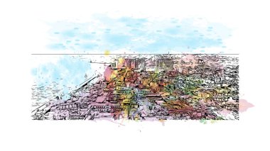 Print Building view with landmark of Bhopal is the city in India. Vektörde elle çizilmiş resim ile suluboya sıçraması.