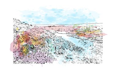 Print Building view with landmark of Bhopal is the city in India. Vektörde elle çizilmiş resim ile suluboya sıçraması.