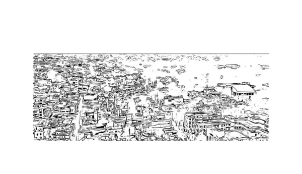 Print Вид Здание Достопримечательностью Биласпур Город Индии Ручной Рисунок Векторе — стоковый вектор