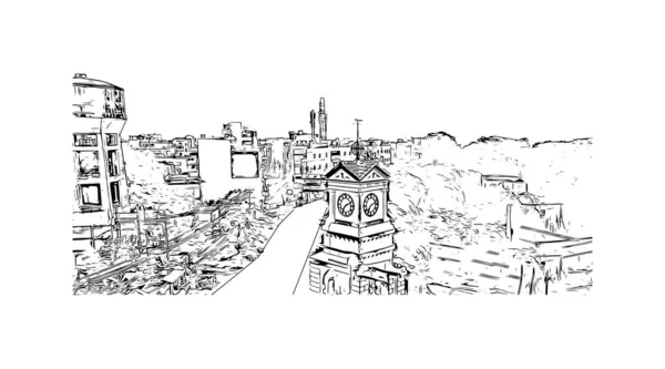 Print Вид Здание Достопримечательностью Бхагхур Город Индии Ручной Рисунок Векторе — стоковый вектор