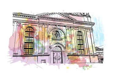 İsviçre 'nin başkenti Bern' in simgesi olan Print Building View 'dir. Vektörde elle çizilmiş resim ile suluboya sıçraması.