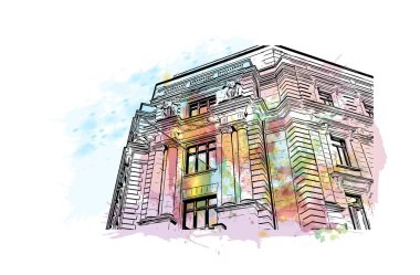 İsviçre 'nin başkenti Bern' in simgesi olan Print Building View 'dir. Vektörde elle çizilmiş resim ile suluboya sıçraması.