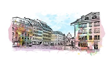 İsviçre 'nin başkenti Bern' in simgesi olan Print Building View 'dir. Vektörde elle çizilmiş resim ile suluboya sıçraması.