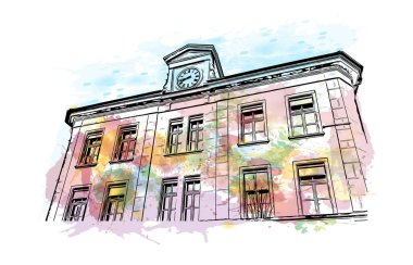 İsviçre 'nin başkenti Bern' in simgesi olan Print Building View 'dir. Vektörde elle çizilmiş resim ile suluboya sıçraması.