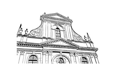 İsviçre 'nin başkenti Bern' in simgesi olan Print Building View 'dir. Vektörde elle çizilmiş çizim çizimi.