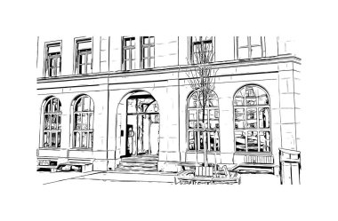 İsviçre 'nin başkenti Bern' in simgesi olan Print Building View 'dir. Vektörde elle çizilmiş çizim çizimi.