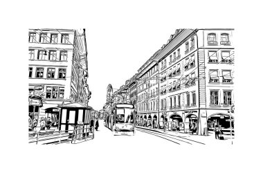 İsviçre 'nin başkenti Bern' in simgesi olan Print Building View 'dir. Vektörde elle çizilmiş çizim çizimi.