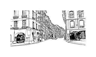 İsviçre 'nin başkenti Bern' in simgesi olan Print Building View 'dir. Vektörde elle çizilmiş çizim çizimi.