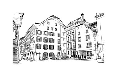 İsviçre 'nin başkenti Bern' in simgesi olan Print Building View 'dir. Vektörde elle çizilmiş çizim çizimi.