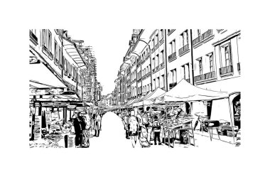 İsviçre 'nin başkenti Bern' in simgesi olan Print Building View 'dir. Vektörde elle çizilmiş çizim çizimi.