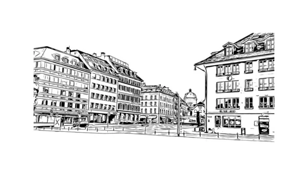 Print Building View Landmark Bern Staden Schweiz Handritad Skiss Illustration — Stock vektor