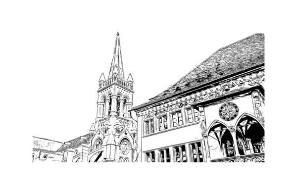 Print Building View Landmark Bern Staden Schweiz Handritad Skiss Illustration — Stock vektor