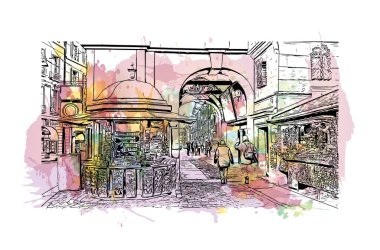 İsviçre 'nin başkenti Bern' in simgesi olan Print Building View 'dir. Vektörde elle çizilmiş resim ile suluboya sıçraması.