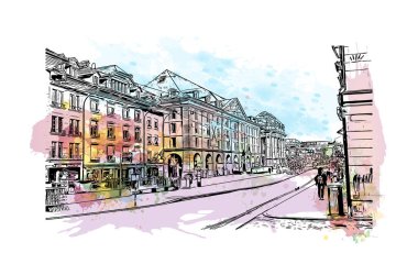 İsviçre 'nin başkenti Bern' in simgesi olan Print Building View 'dir. Vektörde elle çizilmiş resim ile suluboya sıçraması.