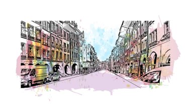 İsviçre 'nin başkenti Bern' in simgesi olan Print Building View 'dir. Vektörde elle çizilmiş resim ile suluboya sıçraması.