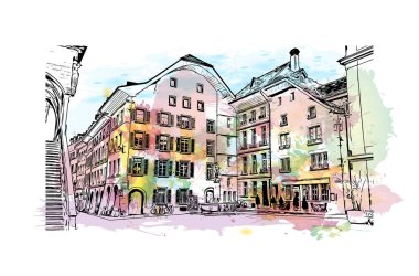 İsviçre 'nin başkenti Bern' in simgesi olan Print Building View 'dir. Vektörde elle çizilmiş resim ile suluboya sıçraması.