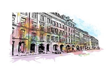 İsviçre 'nin başkenti Bern' in simgesi olan Print Building View 'dir. Vektörde elle çizilmiş resim ile suluboya sıçraması.