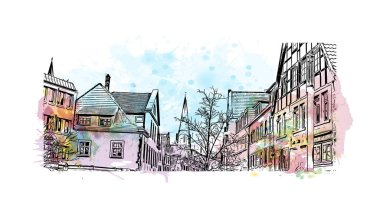 Print Building view with landmark of Bielefeld is the city in Germany. Watercolor splash with hand drawn sketch illustration in vector.