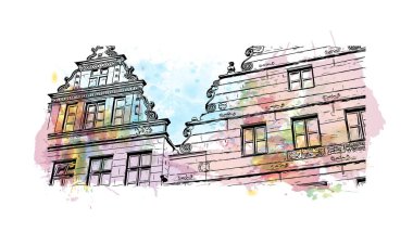 Print Building view with landmark of Bielefeld is the city in Germany. Watercolor splash with hand drawn sketch illustration in vector.
